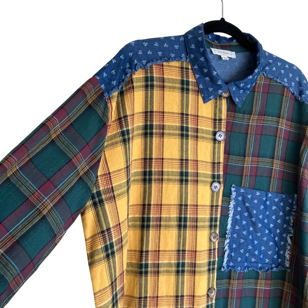 Umgee Sz XL Boho Oversized Patchwork Plaid Button Down Shirt Dress Tunic Raw Hem - Picture 3 of 16